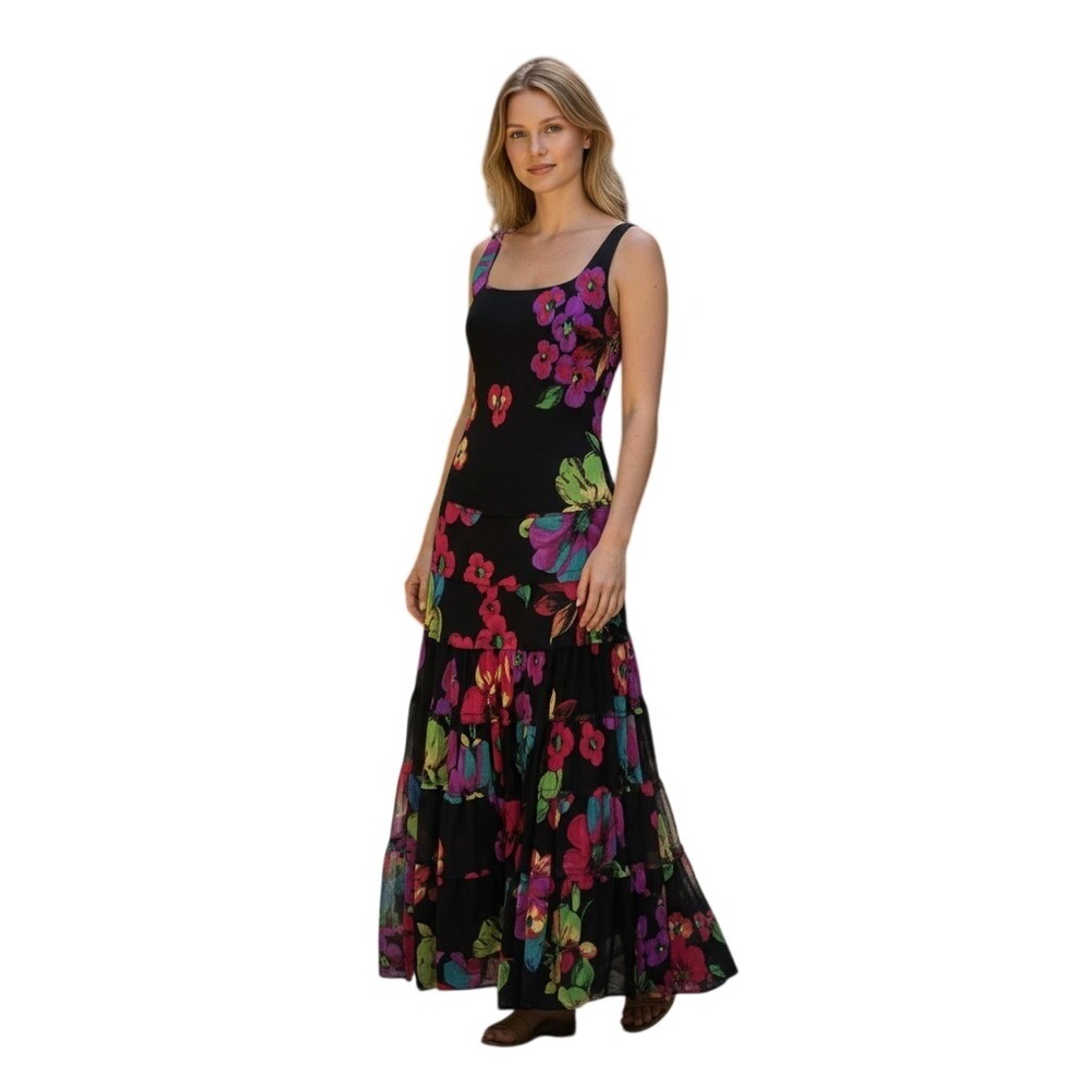 Jones New York Floral Maxi‎ Dress Sz 10 Black Pink Green Tiered Ruffle **read**